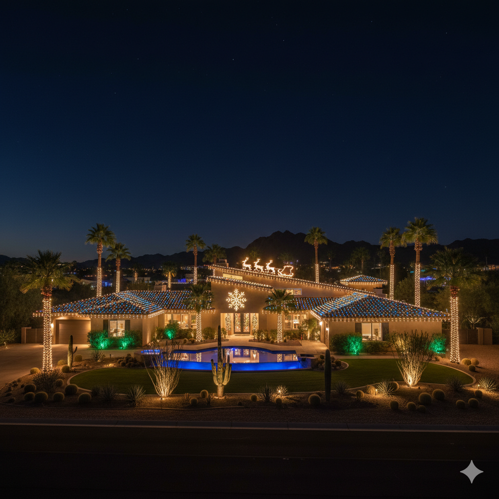 Holiday lights creating a festive evening glow.