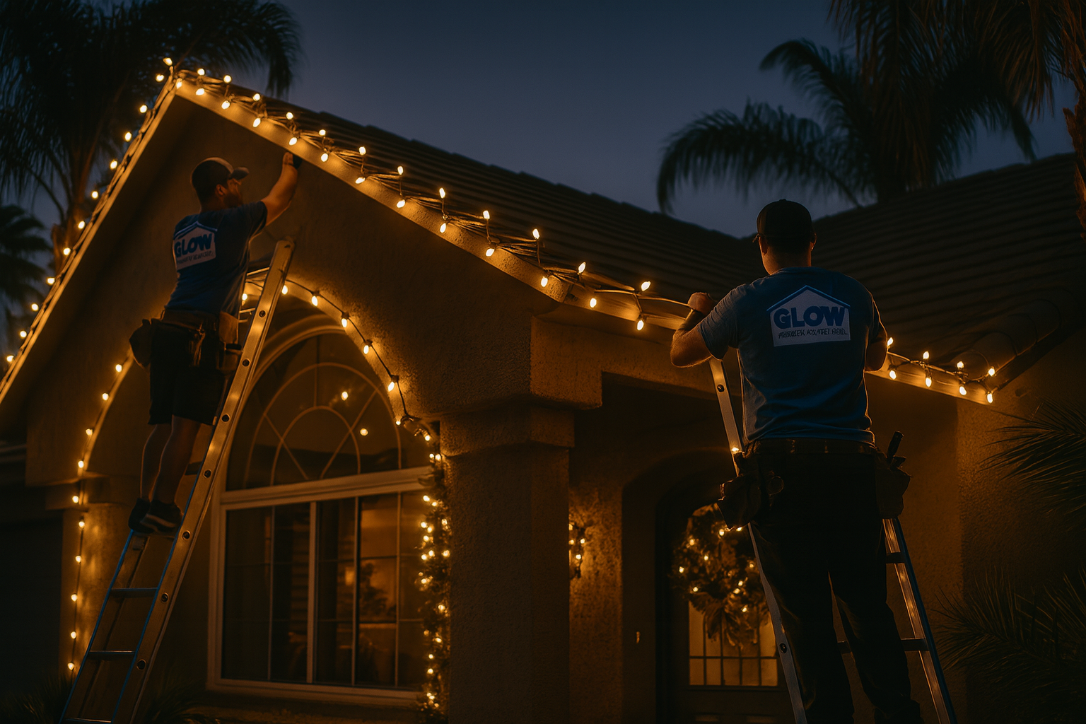 Professional Christmas lights installed on a home exterior.